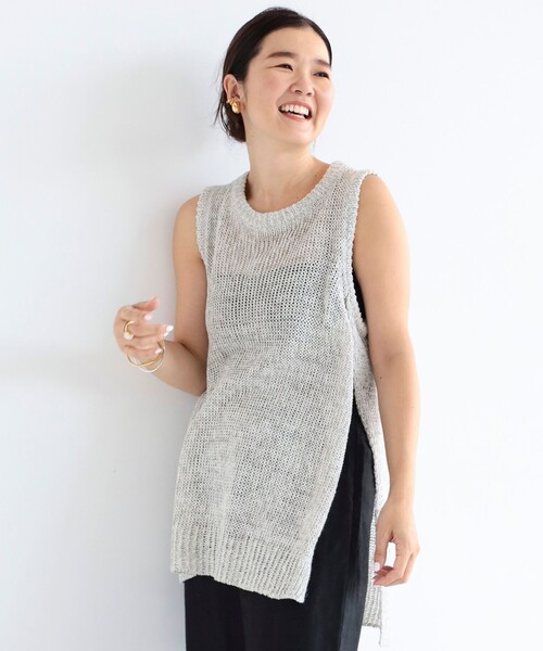 Demi-Luxe BEAMS - Demi-Luxe BEAMS デミルクス ビームス ニット ベージュ サイズ:FREE / リネン コットン アラン ノースリーブ ニット / チュニック丈 クルーネック プルオーバー / 日本製 / トップス セーター 【レディース】【中古】 Demi-Luxe BEAMS（デミルクス ビームス）畦編み ニット プル