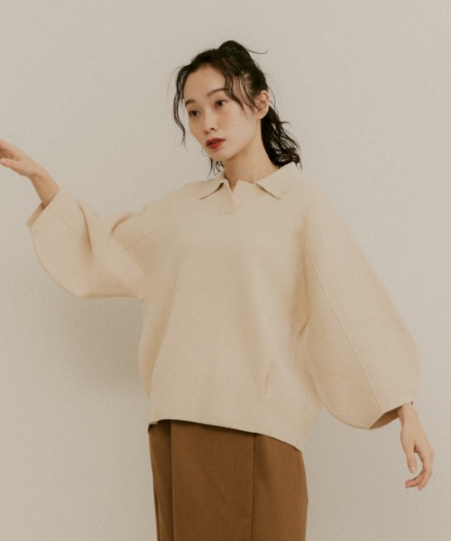 moi tytto（モイテュット）の「ボリュームスリーブニットポロ（ポロシャツ・レディース・ナチュラル/ベージュ/ブラウン・MEDIUM/SMALL）」の15枚目の写真