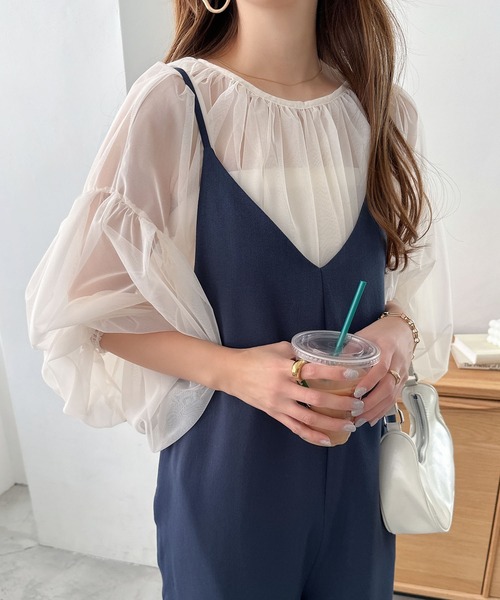 andme（アンドミー）の「チュールギャザーシアー長袖ブラウス（シャツ/ブラウス・レディース・グレイッシュベージュ/アイボリー/ブラック・M）」の8枚目の写真