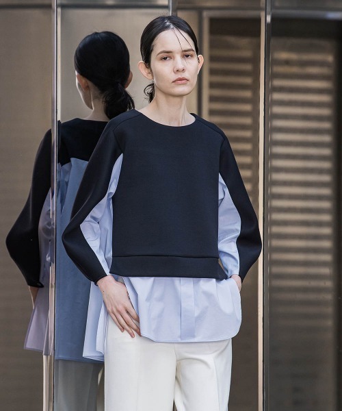 ラエフ（la．f．．．）/【洗濯機で洗える/2wayストレッチ】異素材ドッキングデザインカットソー セール】【洗濯機で洗える/2wayストレッチ】異素材ドッキングデザイン