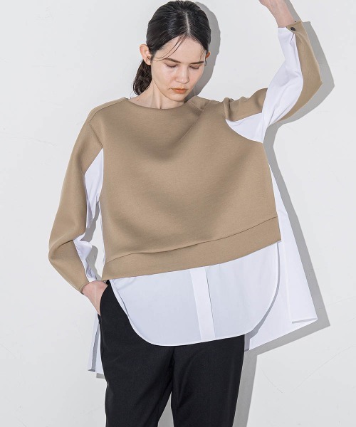la.f…(ラエフ)の「【洗濯機で洗える/2wayストレッチ】異素材ドッキングデザインカットソー(Tシャツ/カットソー・レディース・ブラック系その他/ダークベージュ/ダークネイビー・9号/7号)」の2枚目の写真