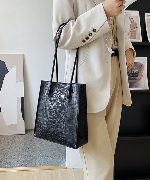 unisex クロコパターン・スリムトートバッグ_ストラップ付き セール】トートバッグ ポーチ付き クロコダイル柄(トートバッグ