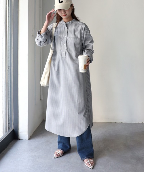 Riberry（リベリー）の「バンドカラーストライプシャツワンピース（シャツワンピース・レディース・ブルー/ベージュ/グレー・MEDIUM）」の20枚目の写真