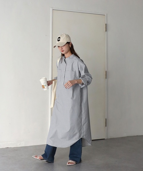 Riberry（リベリー）の「バンドカラーストライプシャツワンピース（シャツワンピース・レディース・ブルー/ベージュ/グレー・MEDIUM）」の12枚目の写真