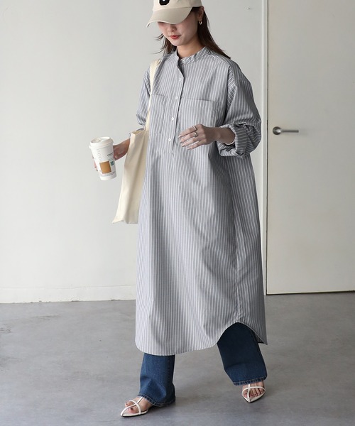 Riberry（リベリー）の「バンドカラーストライプシャツワンピース（シャツワンピース・レディース・ブルー/ベージュ/グレー・MEDIUM）」の5枚目の写真