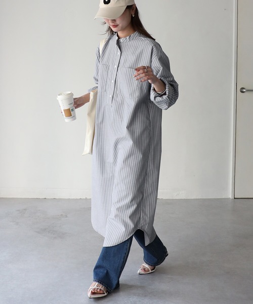 Riberry（リベリー）の「バンドカラーストライプシャツワンピース（シャツワンピース・レディース・ブルー/ベージュ/グレー・MEDIUM）」の21枚目の写真