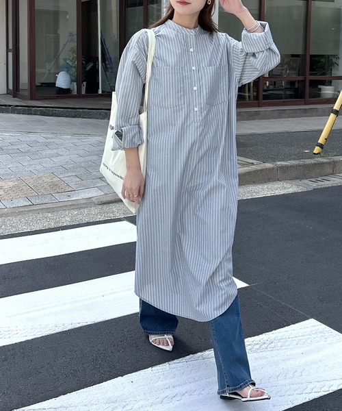 Riberry（リベリー）の「バンドカラーストライプシャツワンピース（シャツワンピース・レディース・ブルー/ベージュ/グレー・MEDIUM）」の10枚目の写真