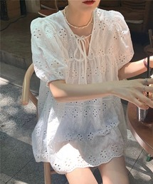 Y2K 総レースパフスリーブ　Vネックブラウス
