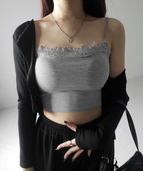 me+em select(ミームセレクト)の「※※【 カップ付き 】レーススクエアショートキャミソール / lace square short camisole(キャミソール・レディース・ブラック/グレー/ホワイト・FREE)」の3枚目の写真
