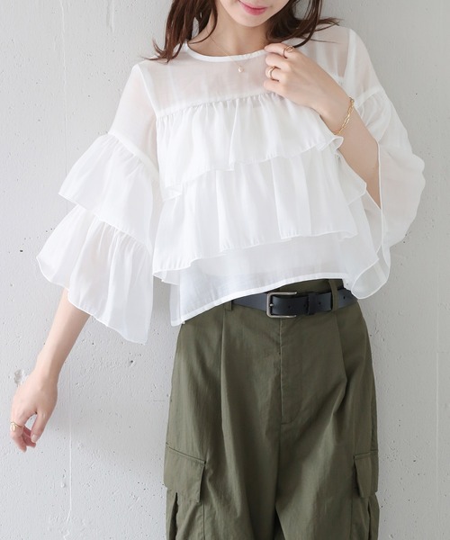 MAISON BREEZE（メゾンブリーズ）の「【MAISON BREEZE】シアーポプリンティアードクロップドブラウス XNN（シャツ/ブラウス・レディース・ライトブルー/ホワイト/ブラック・FREE）」の2枚目の写真