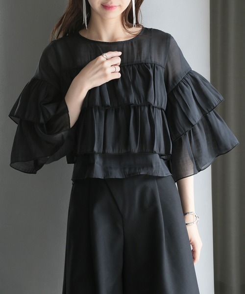 MAISON BREEZE（メゾンブリーズ）の「【MAISON BREEZE】シアーポプリンティアードクロップドブラウス XNN（シャツ/ブラウス・レディース・ライトブルー/ホワイト/ブラック・FREE）」の3枚目の写真