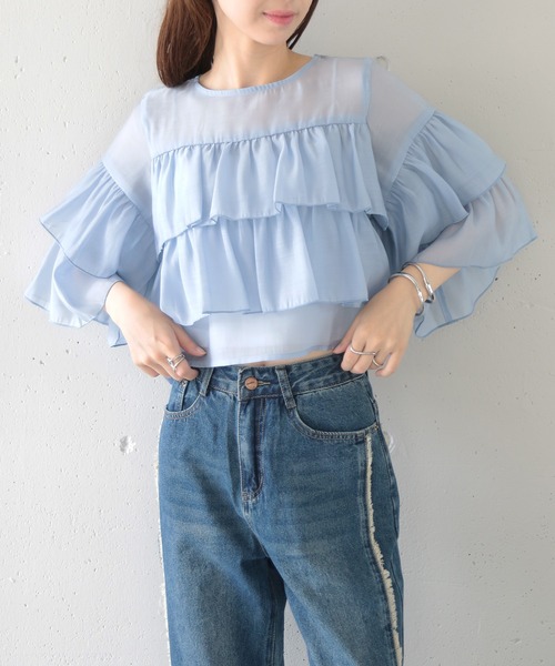 MAISON BREEZE（メゾンブリーズ）の「【MAISON BREEZE】シアーポプリンティアードクロップドブラウス XNN（シャツ/ブラウス・レディース・ライトブルー/ホワイト/ブラック・FREE）」の12枚目の写真