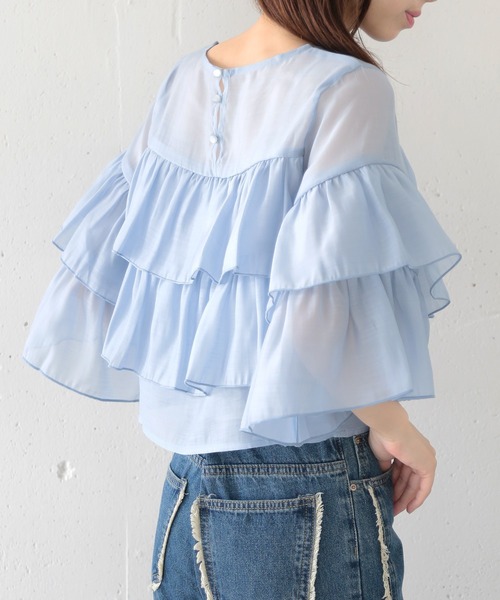 MAISON BREEZE（メゾンブリーズ）の「【MAISON BREEZE】シアーポプリンティアードクロップドブラウス XNN（シャツ/ブラウス・レディース・ライトブルー/ホワイト/ブラック・FREE）」の14枚目の写真