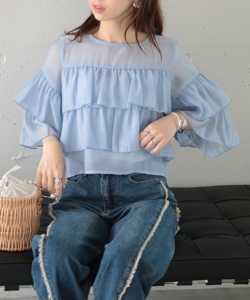 MAISON BREEZE（メゾンブリーズ）の「【MAISON BREEZE】シアーポプリンティアードクロップドブラウス XNN（シャツ/ブラウス・レディース・ライトブルー/ホワイト/ブラック・FREE）」の13枚目の写真