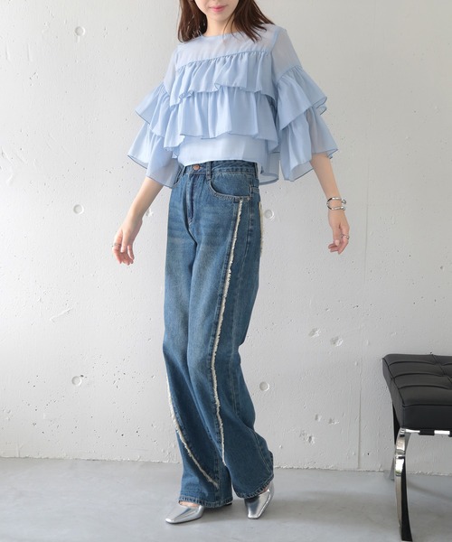 MAISON BREEZE（メゾンブリーズ）の「【MAISON BREEZE】シアーポプリンティアードクロップドブラウス XNN（シャツ/ブラウス・レディース・ライトブルー/ホワイト/ブラック・FREE）」の16枚目の写真