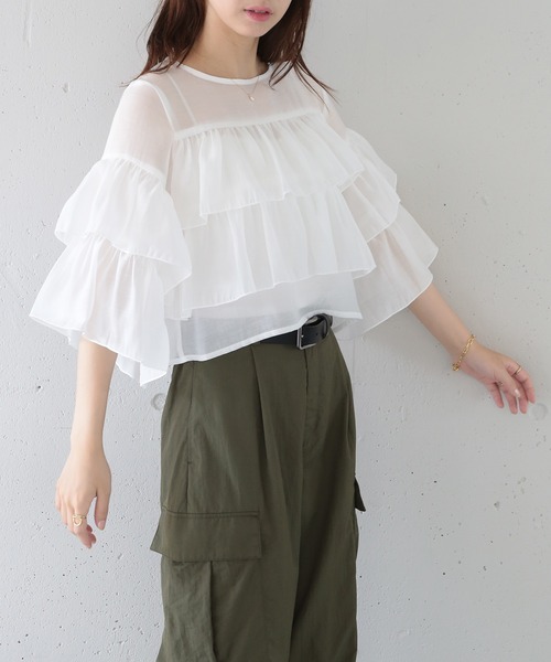 MAISON BREEZE（メゾンブリーズ）の「【MAISON BREEZE】シアーポプリンティアードクロップドブラウス XNN（シャツ/ブラウス・レディース・ライトブルー/ホワイト/ブラック・FREE）」の4枚目の写真