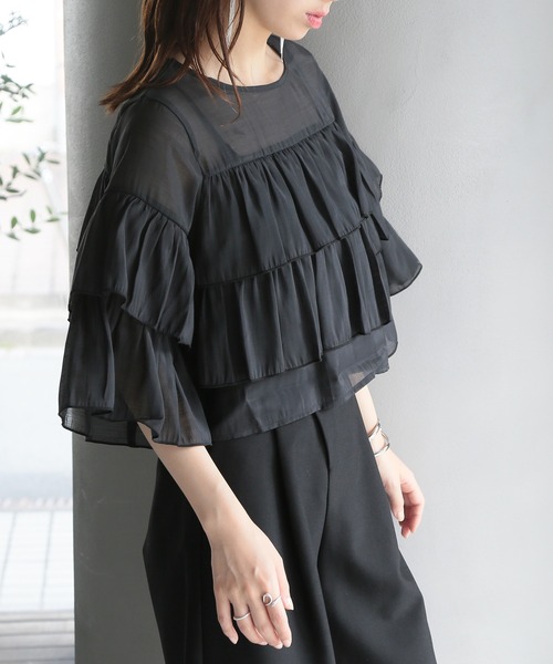 MAISON BREEZE（メゾンブリーズ）の「【MAISON BREEZE】シアーポプリンティアードクロップドブラウス XNN（シャツ/ブラウス・レディース・ライトブルー/ホワイト/ブラック・FREE）」の7枚目の写真