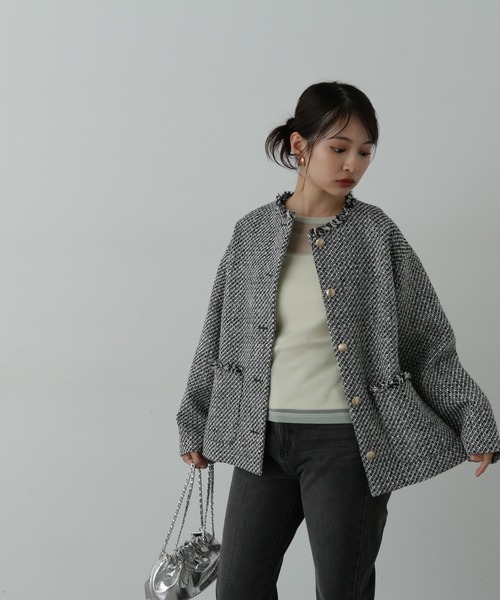 N.(N. Natural Beauty Basic)(エヌエヌナチュラルビューティーベーシック)の「◆ゴールドボタンツイードブルゾン(ノーカラージャケット・レディース・ブラック/ブラック系その他/杢グレー・SMALL/MEDIUM)」の16枚目の写真