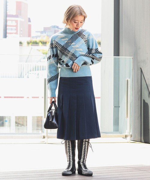 Ray BEAMS(レイビームス)の「ビッグ チェック ハイネック ニット(ニット/セーター・レディース・オフホワイト/ライトブルー・ONE SIZE)」の9枚目の写真