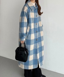 LANVIN PARIS ステンカラーロングコート ネイビー M-L チェック柄 LANVIN PARIS ステンカラーロングコート ネイビー M-L チェック