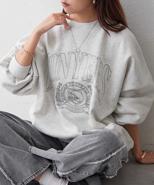 Remind me and forever（リマインドミーアンドフォーエバー）の「【毎年大人気】白抜きカレッジプルオーバー（スウェット・レディース・チャコールグレー/ネイビー/グリーン/ボルドー/オートミール・FREE）」の3枚目の写真