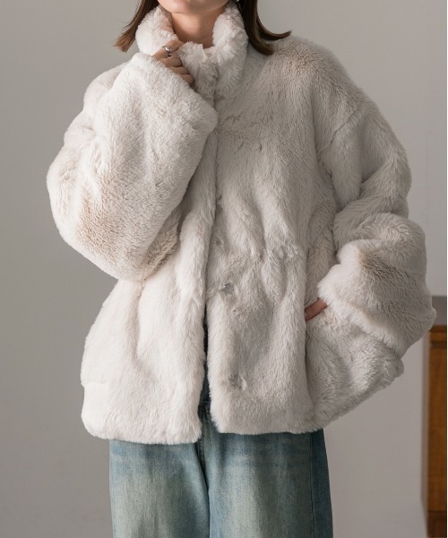 セール】スタンドカラー フェイクファーコート（その他アウター）｜ad