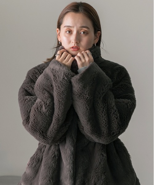 セール】スタンドカラー フェイクファーコート（その他アウター）｜ad