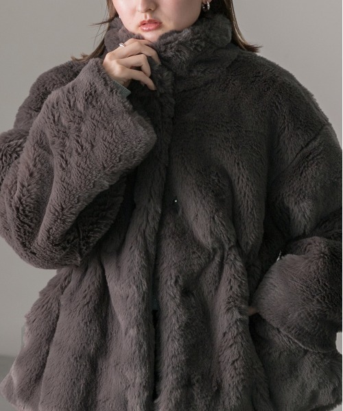 セール】スタンドカラー フェイクファーコート（その他アウター）｜ad