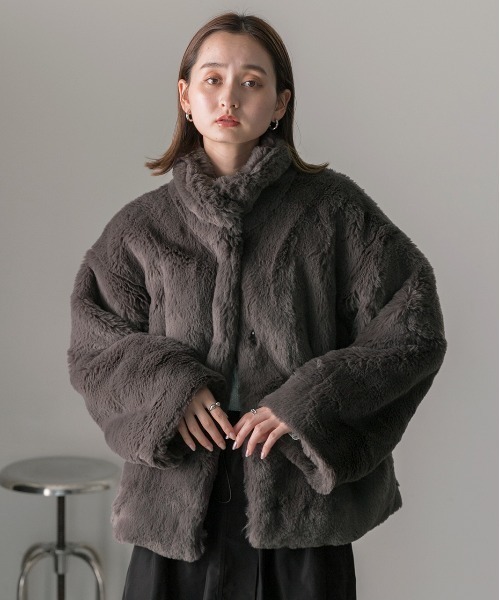 セール】スタンドカラー フェイクファーコート（その他アウター）｜ad