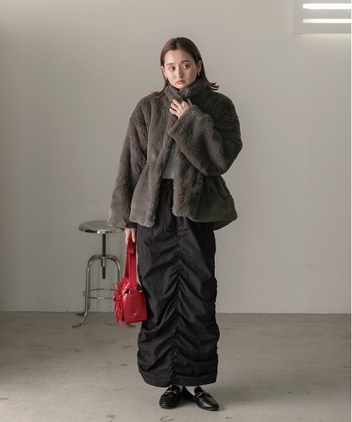 セール】スタンドカラー フェイクファーコート（その他アウター）｜ad