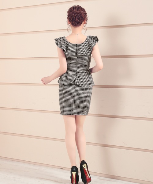 キャバドレス 胸元フリル袖ペプラムウエストリボン千鳥格子柄タイトミニドレス (Sサイズ～XXXLサイズ)（ドレス）｜Tika（ティカ）