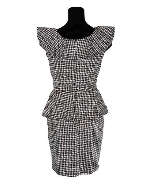 キャバドレス 胸元フリル袖ペプラムウエストリボン千鳥格子柄タイトミニドレス (Sサイズ～XXXLサイズ)（ドレス）｜Tika（ティカ）