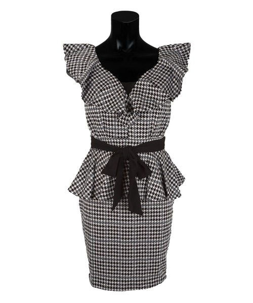キャバドレス 胸元フリル袖ペプラムウエストリボン千鳥格子柄タイトミニドレス (Sサイズ～XXXLサイズ)（ドレス）｜Tika（ティカ）