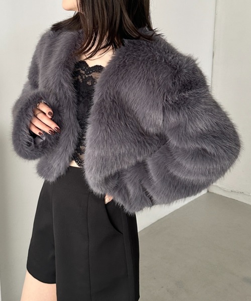 セール】ノーカラーショートフェイクファーコート（その他アウター