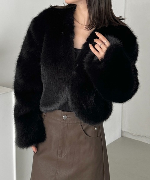 セール】ノーカラーショートフェイクファーコート（その他アウター