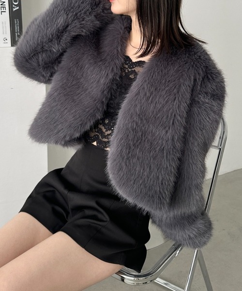 セール】ノーカラーショートフェイクファーコート（その他アウター