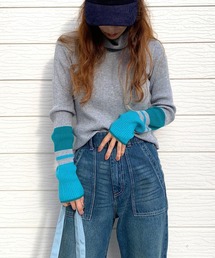 Q | リブタートル袖配色ニット(ニット/セーター)