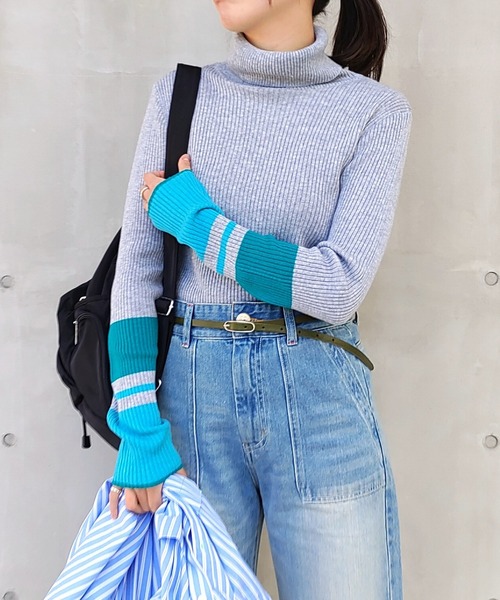 Q（キュー）の「リブタートル袖配色ニット（ニット/セーター・レディース・ライトグレー/ブラック・MEDIUM）」の15枚目の写真