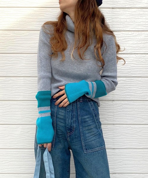 Q（キュー）の「リブタートル袖配色ニット（ニット/セーター・レディース・ライトグレー/ブラック・MEDIUM）」の21枚目の写真