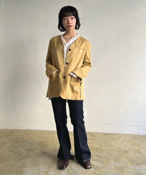 Jewelobe（ジュエローブ）の「タックポケットノーカラージャケット（ノーカラージャケット・レディース・ブラック/ベージュ・FREE）」の9枚目の写真