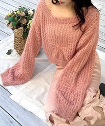 フラワー刺繍透かしニットトップス