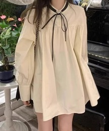 Teem Store（チームストア）の「リボンタイ付きパフスリーブミニシャツワンピース（シャツワンピース・レディース）」