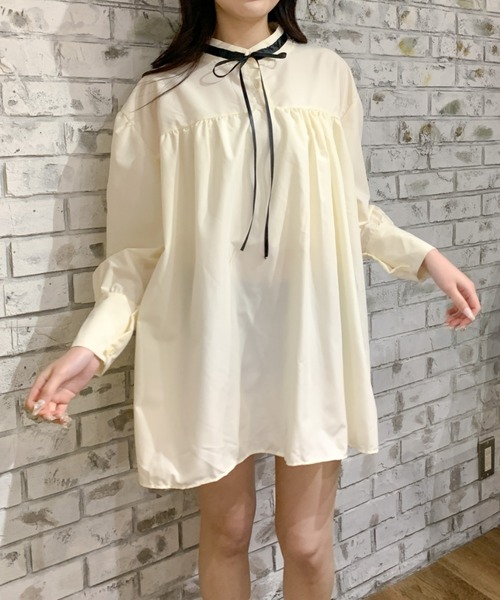 Teem Store（チームストア）の「リボンタイ付きパフスリーブミニシャツワンピース（シャツワンピース・レディース・アイボリー・L/M）」の10枚目の写真