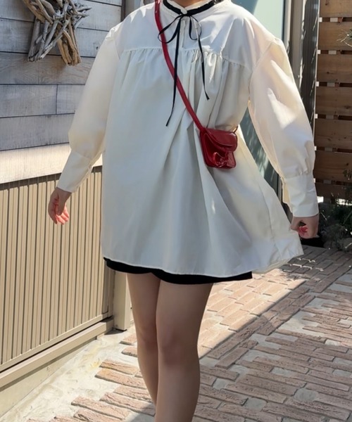 Teem Store（チームストア）の「リボンタイ付きパフスリーブミニシャツワンピース（シャツワンピース・レディース・アイボリー・L/M）」の15枚目の写真