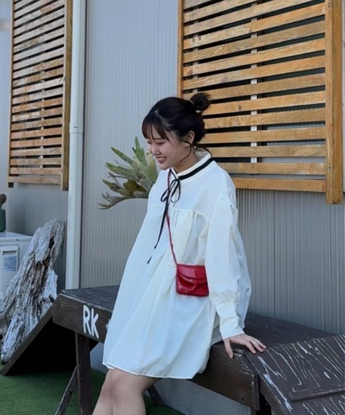 Teem Store（チームストア）の「リボンタイ付きパフスリーブミニシャツワンピース（シャツワンピース・レディース・アイボリー・L/M）」の16枚目の写真