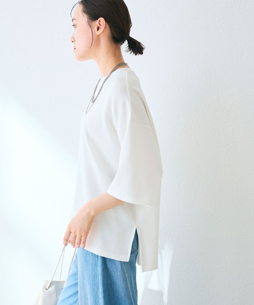 CROSS FUNCTION（クロスファンクション）の「《シワになりにくい》なめらかダンボール ビッグシルエットTシャツ【CF/クロスファンクション】（Tシャツ/カットソー・レディース・ライトピンク/ライトイエロー/オフホワイト/ライトグレー/ブラウン/ブラック/ネイビー・L/M/LL）」の15枚目の写真