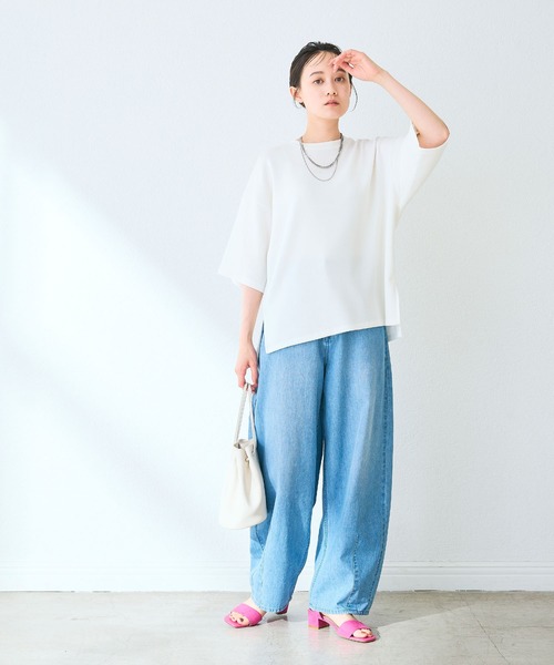 CROSS FUNCTION（クロスファンクション）の「《シワになりにくい》なめらかダンボール ビッグシルエットTシャツ【CF/クロスファンクション】（Tシャツ/カットソー・レディース・ライトピンク/ライトイエロー/オフホワイト/ライトグレー/ブラウン/ブラック/ネイビー・L/M/LL）」の16枚目の写真