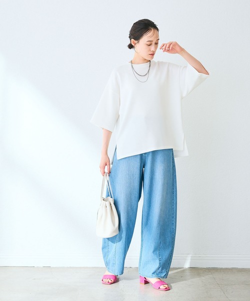 CROSS FUNCTION（クロスファンクション）の「《シワになりにくい》なめらかダンボール ビッグシルエットTシャツ【CF/クロスファンクション】（Tシャツ/カットソー・レディース・ライトピンク/ライトイエロー/オフホワイト/ライトグレー/ブラウン/ブラック/ネイビー・L/M/LL）」の18枚目の写真