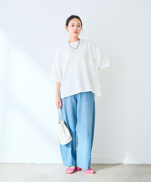 CROSS FUNCTION（クロスファンクション）の「《シワになりにくい》なめらかダンボール ビッグシルエットTシャツ【CF/クロスファンクション】（Tシャツ/カットソー・レディース・ライトピンク/ライトイエロー/オフホワイト/ライトグレー/ブラウン/ブラック/ネイビー・L/M/LL）」の19枚目の写真