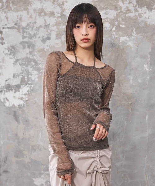 DIP IN CHOCOLATE(ディップインチョコレート)の「ラメ入りシアートップス【DIP IN CHOCOLATE】(Tシャツ/カットソー・レディース・ブラック/ライトグレー/グリーン・F)」の3枚目の写真
